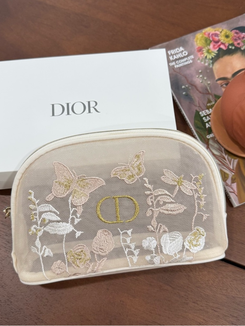 Dior GWP Floral Embroidered Beige Cosmetic Bag